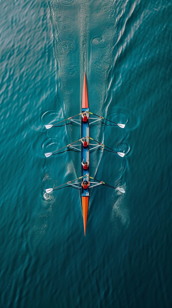 A synchronized rowing crew pulling in unison