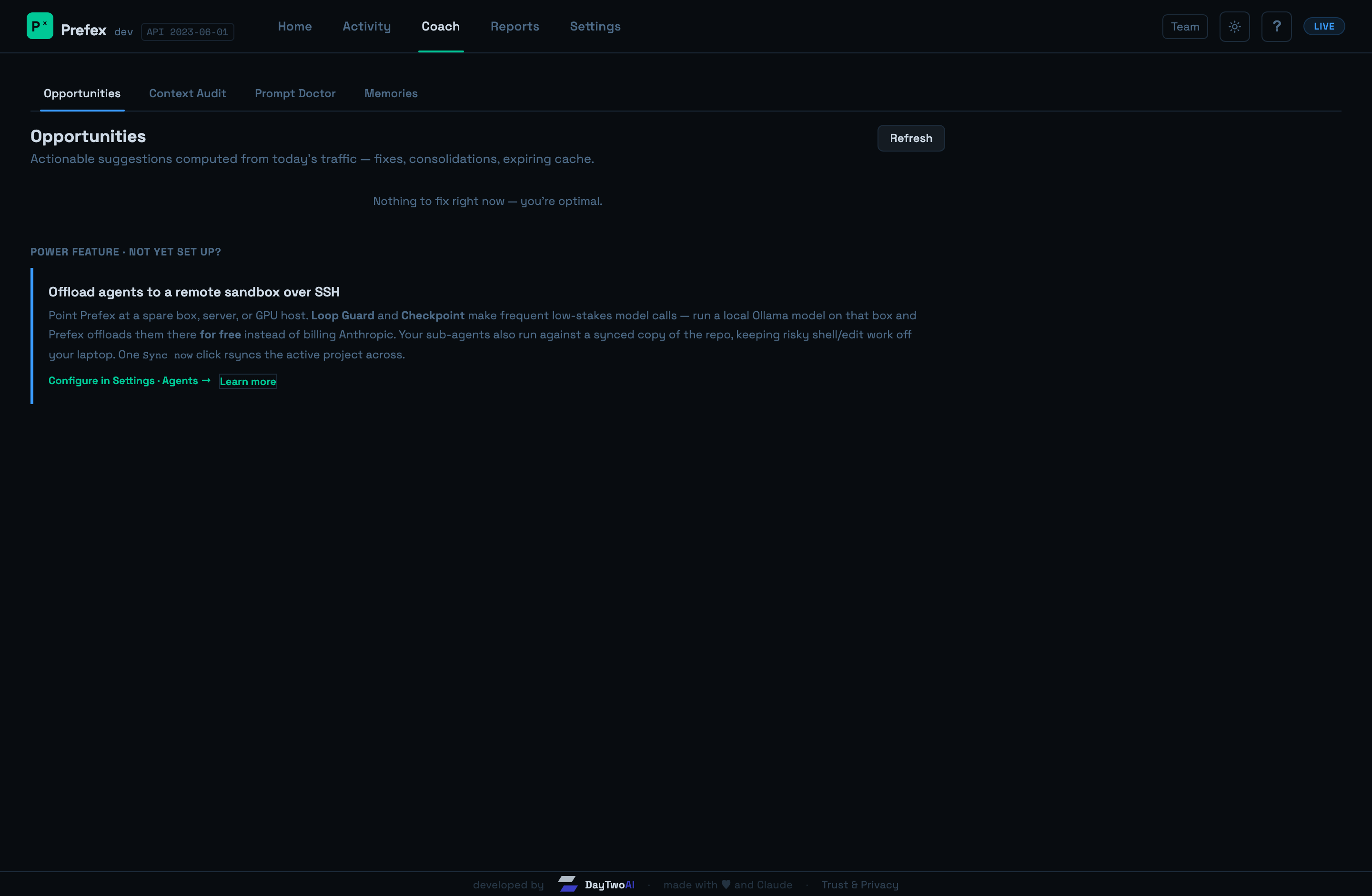 Prefex dashboard Coach tab — actionable optimization suggestions from your own traffic