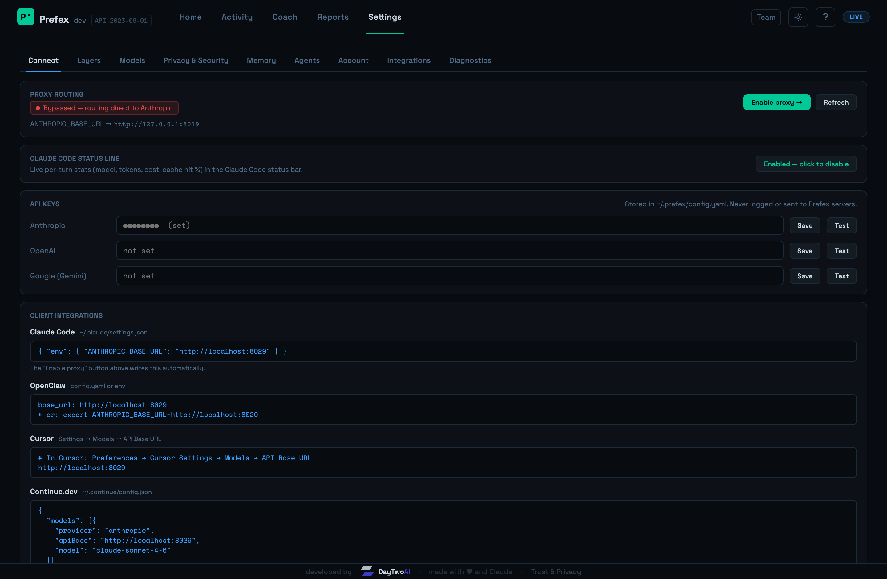 Prefex dashboard Settings tab — one-click connect for Claude Code, Cursor, and OpenClaw